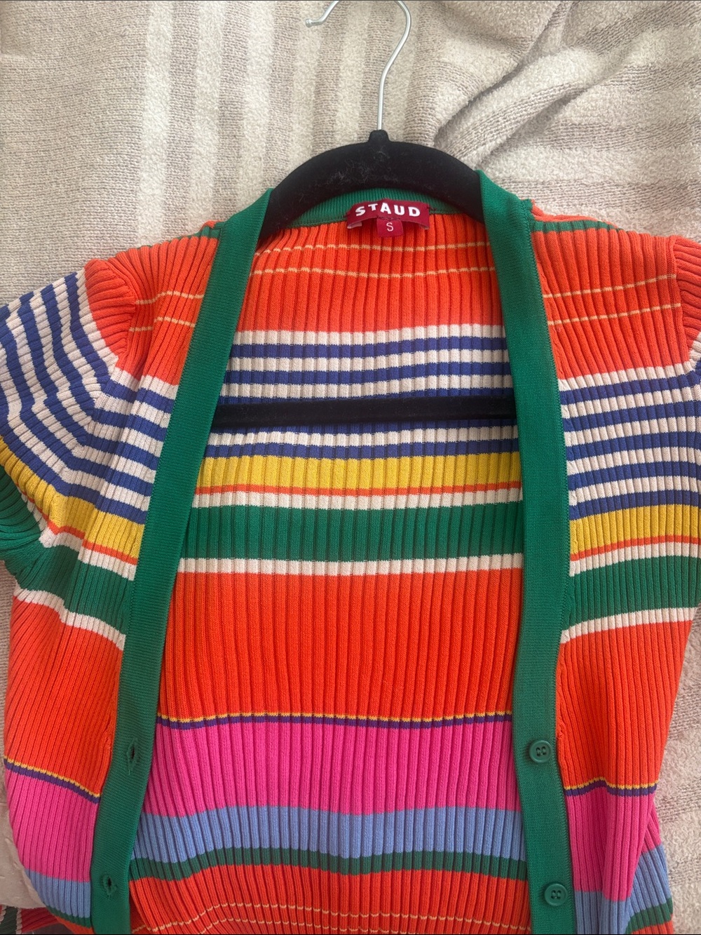 STAUD Bright Multicolor Ribbed Cardigan with Green Trim